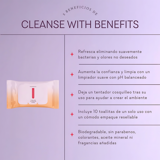 Con Cleanse With Benefits, mantente fresca, limpia y lista para cualquier aventura, mientras disfrutas de un cosquilleo tentador que añade un toque de emoción a tu rutina. ¡Lleva estas toallitas contigo y prepárate para lo que el día o la noche te depare!