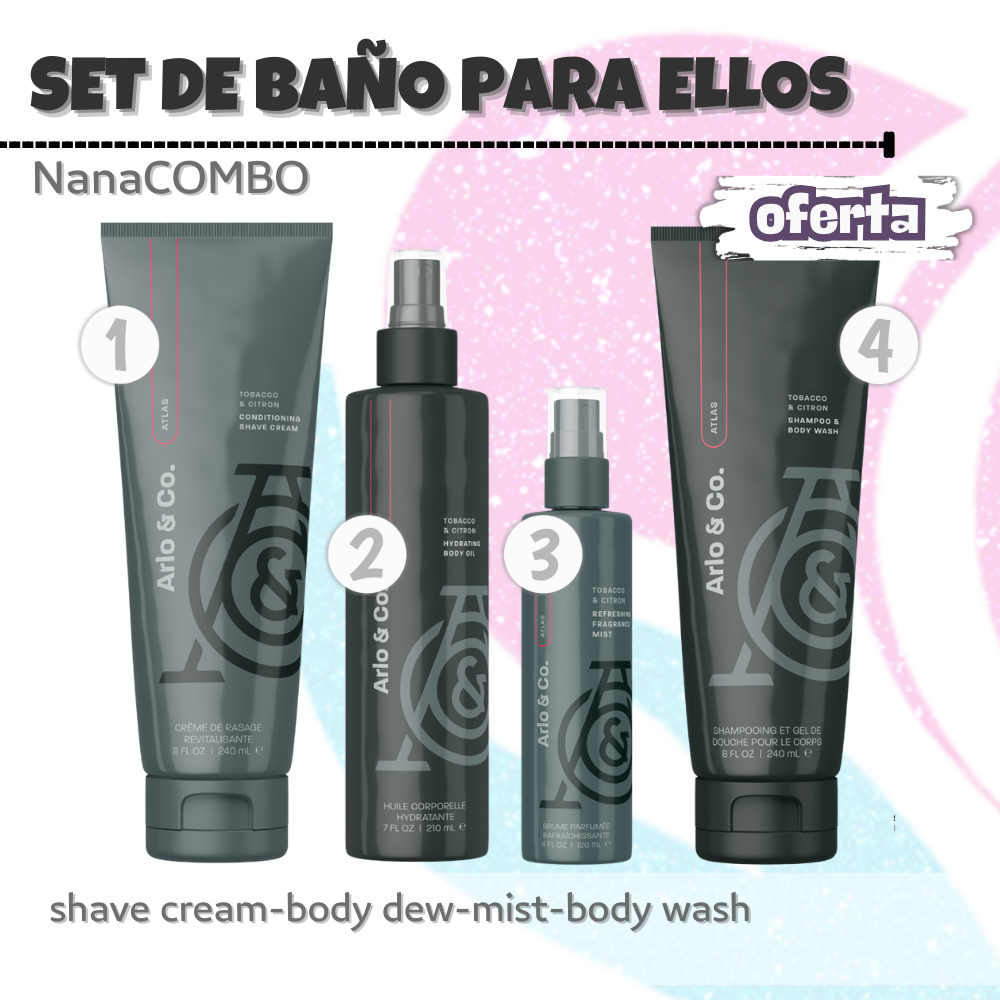 NanaCombo Set de Baño Para Ellos: Gel de ducha, crema de afeitar, hidratante y spray aromático para una piel suave, fresca y llena de confianza.